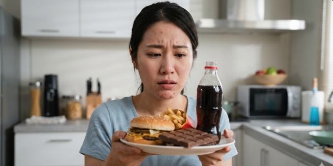 ジャンクフードを食べようか悩んでいる女性