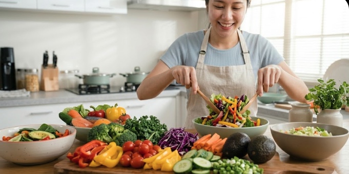 バランスの良い野菜料理を準備している女性