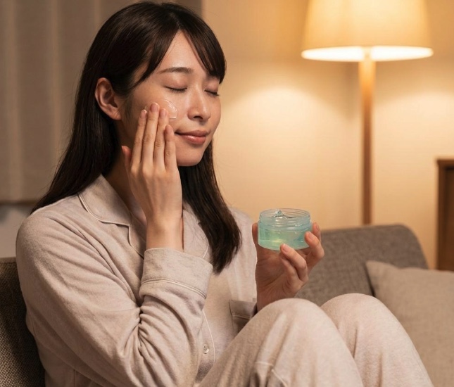 就寝前に紫外線ダメージを鎮静する女性