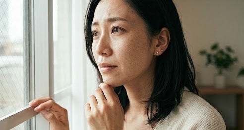 肌の状態をやさしく確かめる女性のイラスト