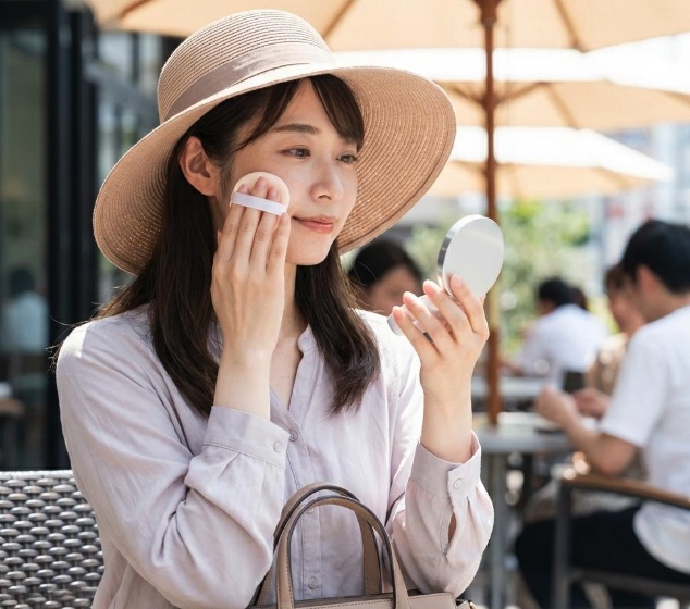 日中の外出先でメイク直しと日焼け止めの塗り直しを行う女性