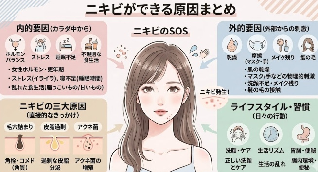 毛穴が詰まってニキビができるまでの過程をまとめたイラスト