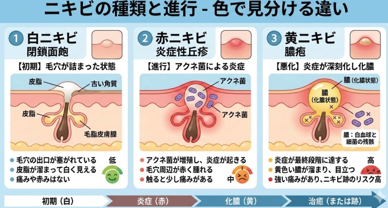 赤ニキビ・白ニキビ・黄色ニキビの違いを比較したイラスト
