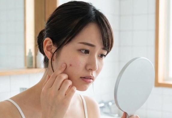 夜の洗面所で鏡に顔を近づけ、頬の白ニキビを気にしている女性