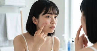 頬のニキビに触れそうになった手を止め、鏡の前でスキンケアをしている女性