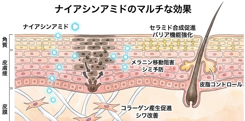 ナイアシンアミドのマルチな美肌効果のメカニズム