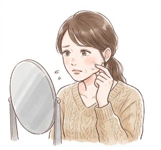 鏡を見ながら頬に手を添えて肌の状態を気にしている女性のイラスト