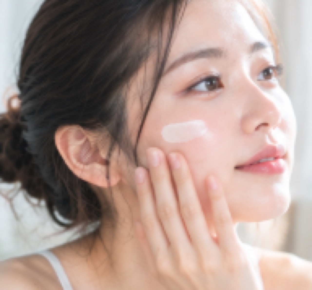 頬にスキンケア製品を塗る女性