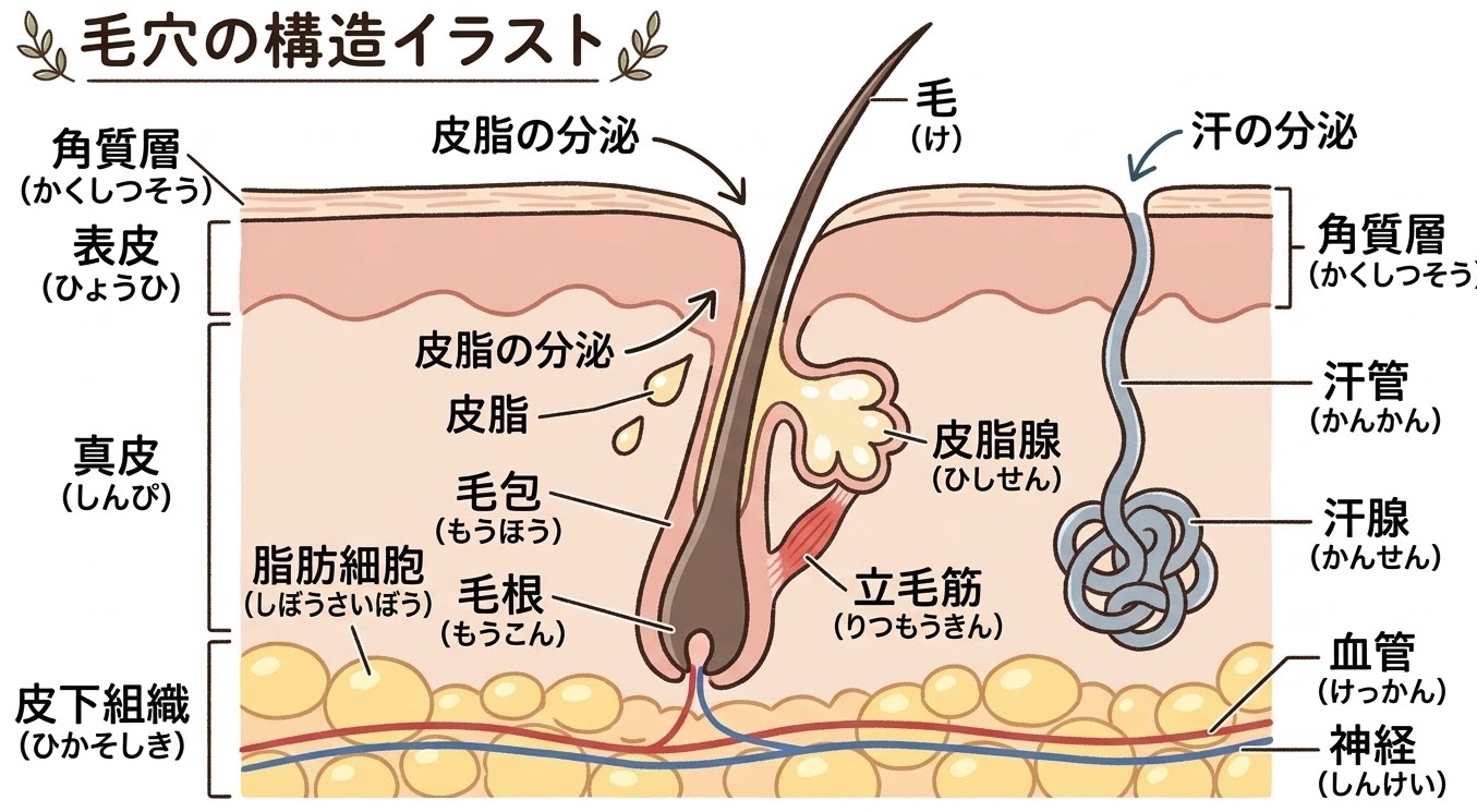 毛穴と皮脂腺の構造を示した断面のイラスト