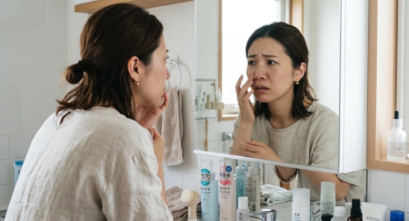朝、洗面台の鏡の前で自分の肌の状態を気にしている女性