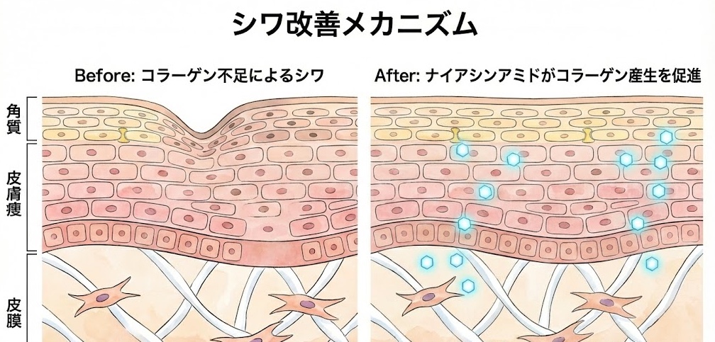 紫外線ダメージとコラーゲン構造の変化を表すイラスト