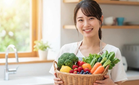 鮮やかな野菜を抱えている女性