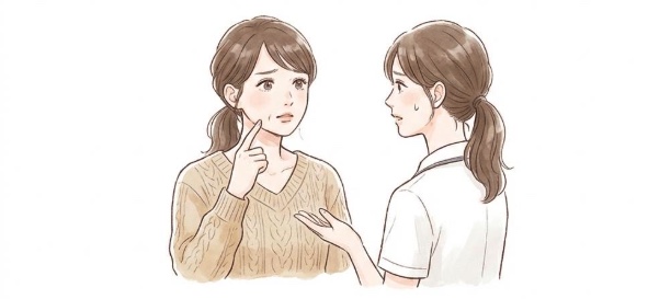 皮膚科・美容クリニックのカウンセリングで医師に相談している女性のイラスト