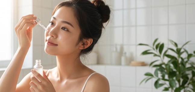 スポイトで頬に美容液をたらしている女性