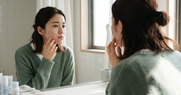 鏡越しにニキビを気にする女性