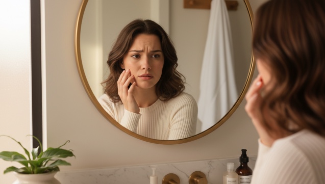 鏡で肌をチェックする女性