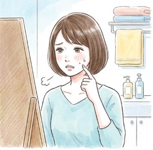 肌のプツプツを気にして見つめる女性のイラスト