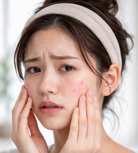 鏡の前で化膿ニキビや赤みに悩む女性