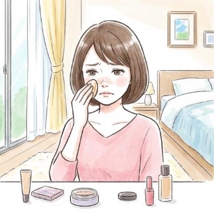 肌に悩んで化粧で隠す女性