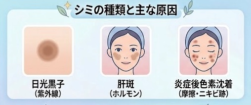 シミの種類と主な原因を示したイラスト。日光黒子は紫外線、肝斑はホルモン、炎症後色素沈着は摩擦やニキビ跡が主な原因