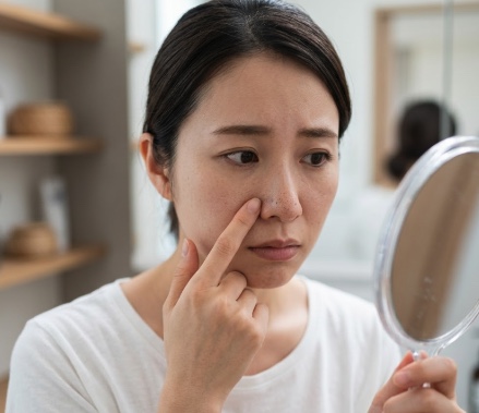 指先で小鼻の毛穴を気にする女性の様子