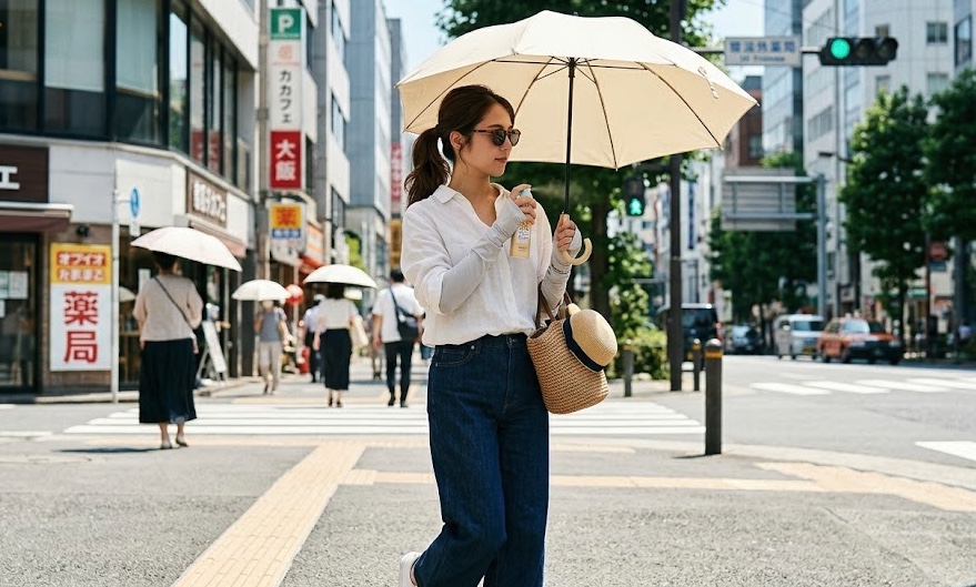 日傘とサングラスで紫外線対策をしながら街を歩く女性