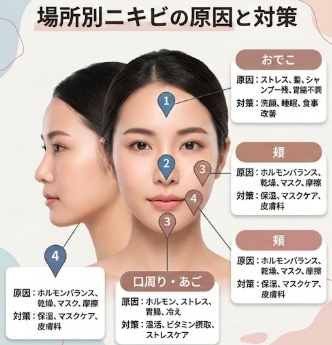 顔の部位ごとのニキビの原因を整理したイラスト