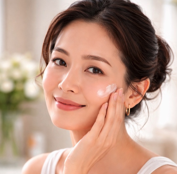 肌にクリームを塗って微笑む女性