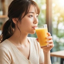 オレンジジュースを飲みながら内側ケアを意識する女性